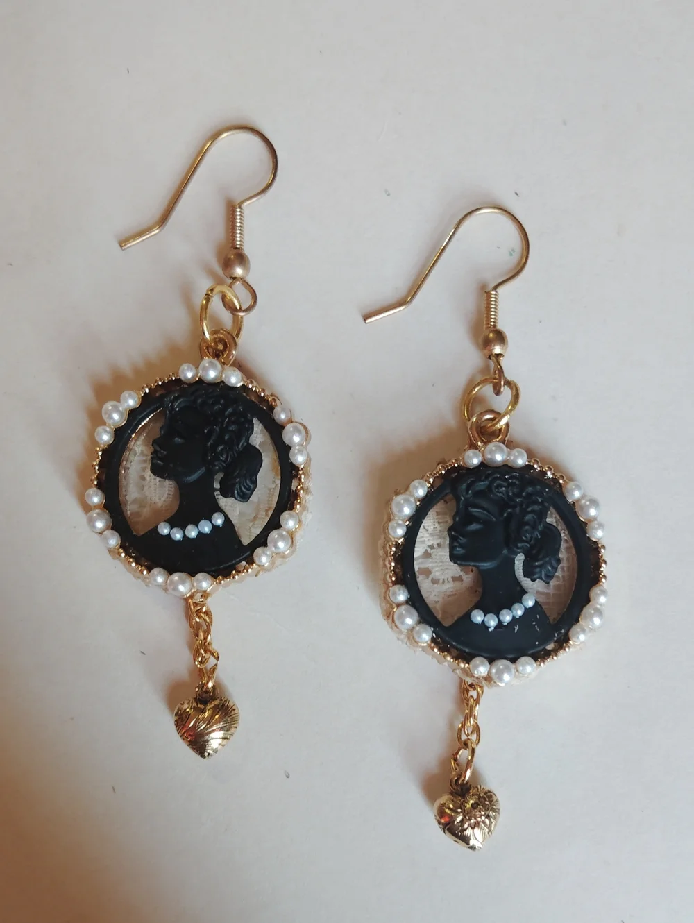 Vintage-Inspired Black Cameo White Lace & Pearl Drop Earrings Gold Dangle Heart